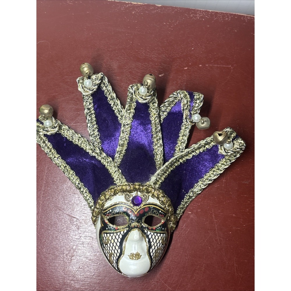 venetian mask jester From Italy Purple And Gold Trim W/ BellsVintage Wall Hanger